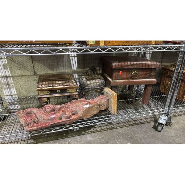 SHELF OF ASSORTED CHINESE ITEMS INCLUDING; FOOT STOOLS & DECOR
