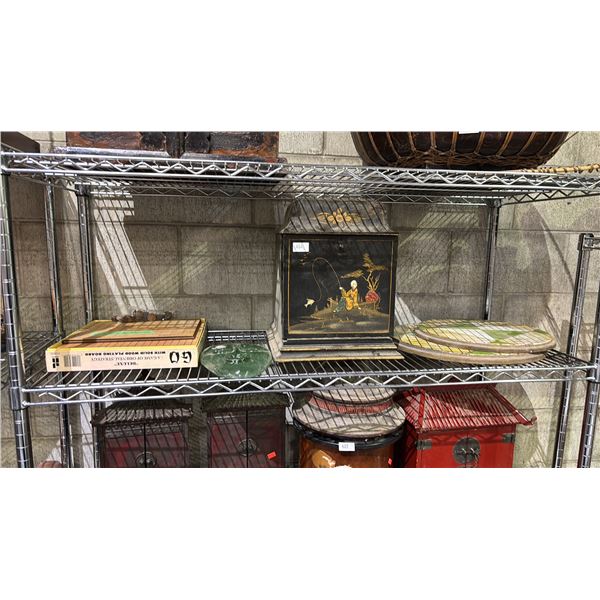 SHELF OF ASSORTED ITEMS INCLUDING; CHINESE MOTIF STORAGE BOX, GLASS MASK DECOR, CHINESE GO GAME &