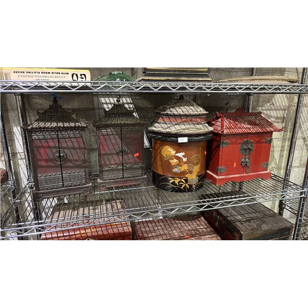 SHELF OF ASSORTED CHINESE KEY BOXES & ROUND CHINESE MOTIF DECOR