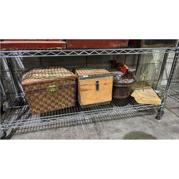 SHELF OF ASSORTED ITEMS INCLUDING; LOCKBOXES, DECOR & HORN STAND