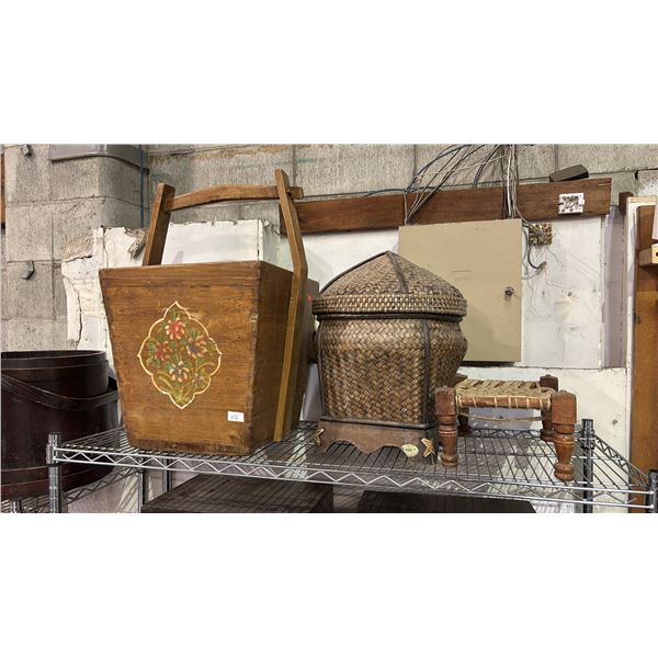 SHELF OF ASSORTED CHINESE ITEMS INCLUDING; WOOD BASKET, WOVEN BASKET & MORE
