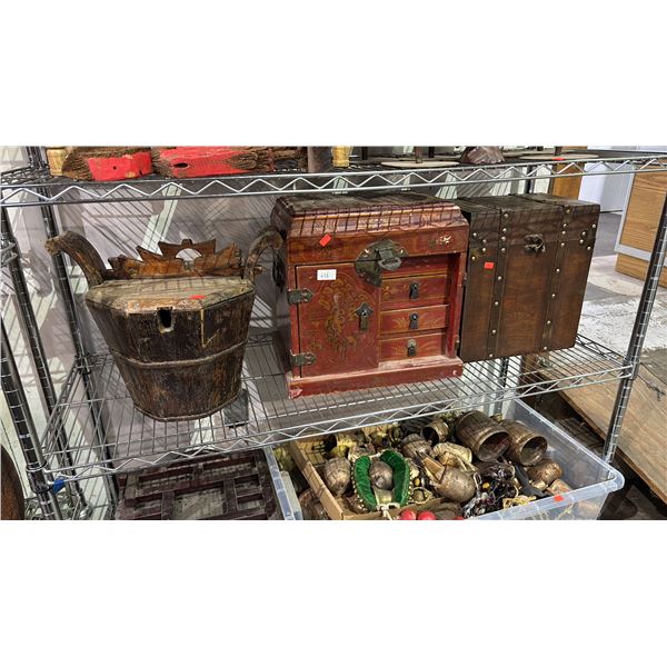 SHELF OF ASSORTED CHINESE ITEMS INCLUDING; JEWELRY BOX, LOCK BOX & TEA CADDY