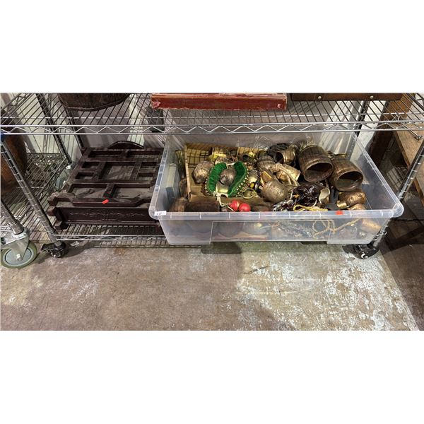 SHELF OF ASSORTED ITEMS INCLUDING; BIN OF ASSORTED BELLS & CHIMES & SMALL FOLD-UP WRITING DESK RISER