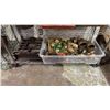 Image 1 : SHELF OF ASSORTED ITEMS INCLUDING; BIN OF ASSORTED BELLS & CHIMES & SMALL FOLD-UP WRITING DESK RISER