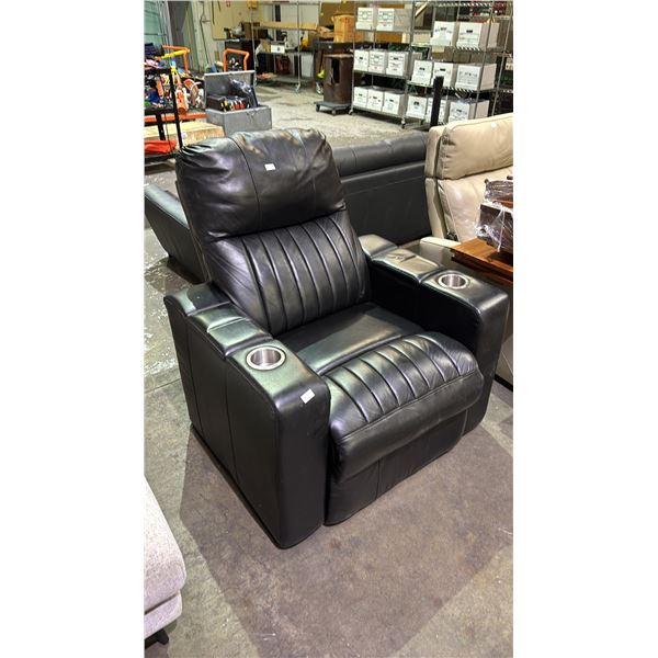 LEATHER THEATER RECLINER WITH CUP HOLDERS (NO POWER CORD, UNKNOWN WORKING CONDITION)