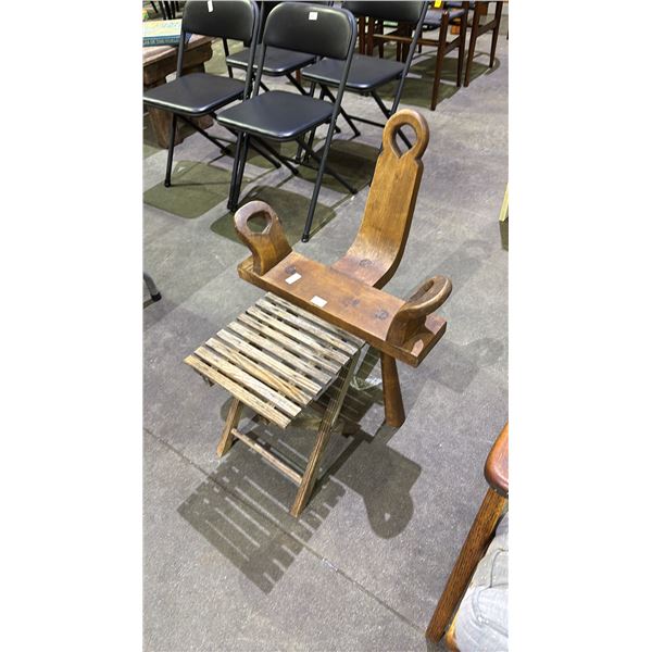 VINTAGE WOOD CHAIR WITH SMALL WOOD TABLE/FOOT REST