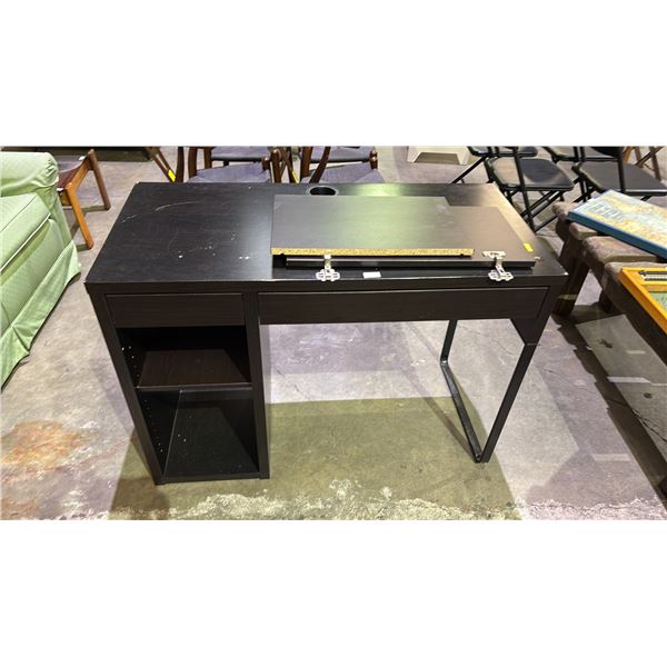 WOOD DESK 412" X 19.5 X 29,5" (SOME DAMAGE, MISSING SHELF GRIPS & DOOR HARDWARE)
