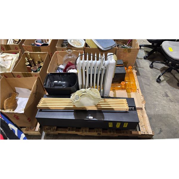 PALLET OF ASSORTED ITEMS INCLUDING; RADIATOR HEATER, PAPER SHREDDER & MORE