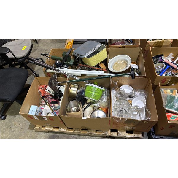 PALLET OF ASSORTED ITEMS INCLUDING; GOLF CLUBS, HEDGE TRIMMER, CROCK POT & MORE