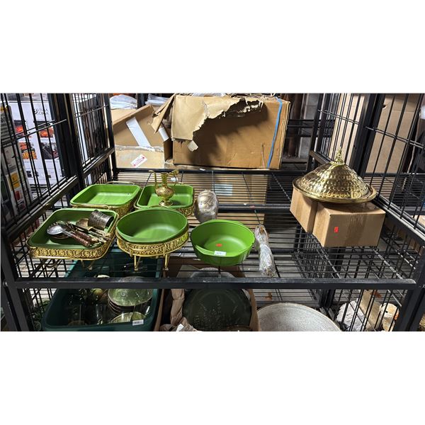 SHELF OF ASSORTED COOKWARE, DINNERWARE & FLATWARE