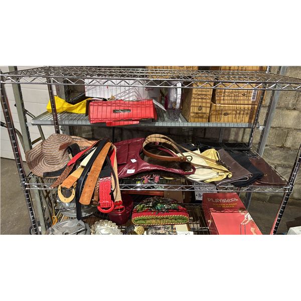 SHELF OF ASSORTED HANDBAGS, BELTS & HAT