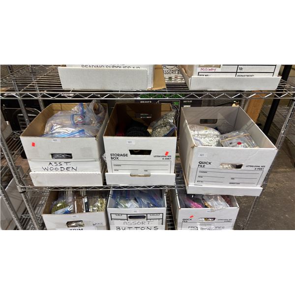 3 BOXES OF ASSORTED ITEMS INCLUDING; JEWELRY SUPPLIES, RIBBONS, WOODEN BUTTONS & BEADS & MORE