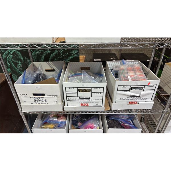 3 BOXES OF ASSORTED ITEMS INCLUDING; BELTS BRASS FITTINGS, JEWELRY, BEADING SUPPLIES & MORE