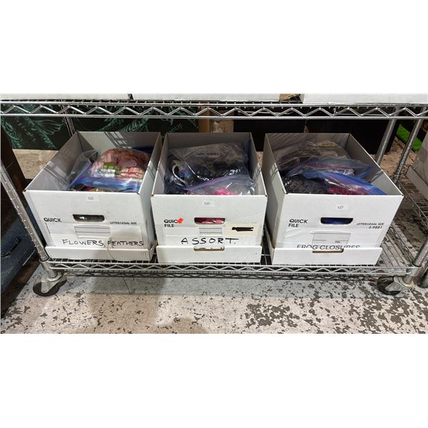 3 BOXES OF ASSORTED ITEMS INCLUDING; FLOWERS, FEATHERS, TRIM & MORE