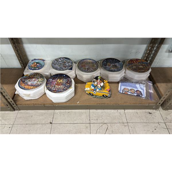 SHELF OF ASSORTED MCDONALDS & DISNEY COLLECTIBLE PLATES & DISNEY COLLECTIBLE CAR FIGURE