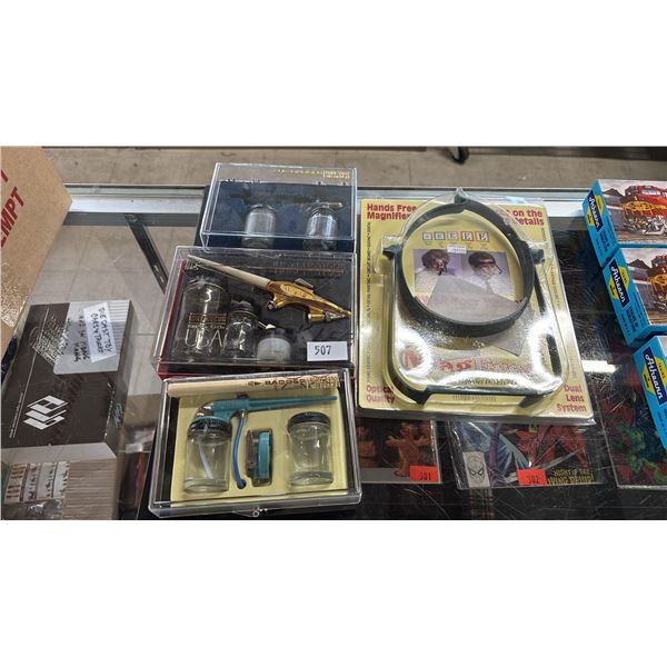 ASSORTED AIR BRUSH SETS & HANDS FREE MAGNIFIER
