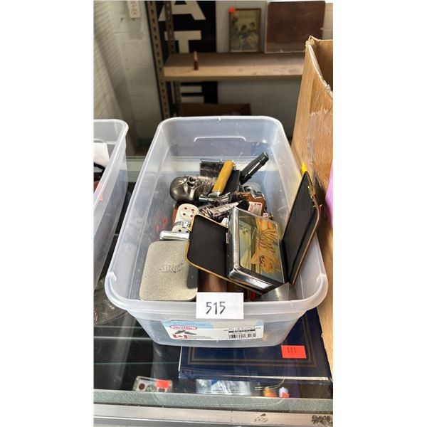 BIN OF ASSORTED LIGHTERS, CIGARETTE CASES & MORE