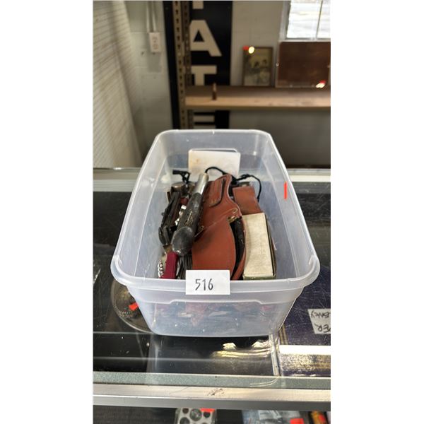 BIN OF ASSORTED KNIVES, MULTI-TOOLS & MORE