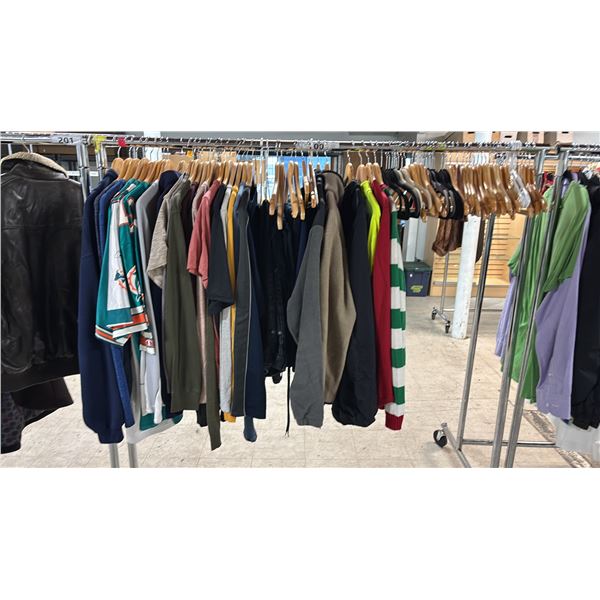 RACK OF ASSORTED CLOTHING INCLUDING; MIAMI DOLPHINS JERSEYS, SWEATERS, T-SHIRTS & MORE