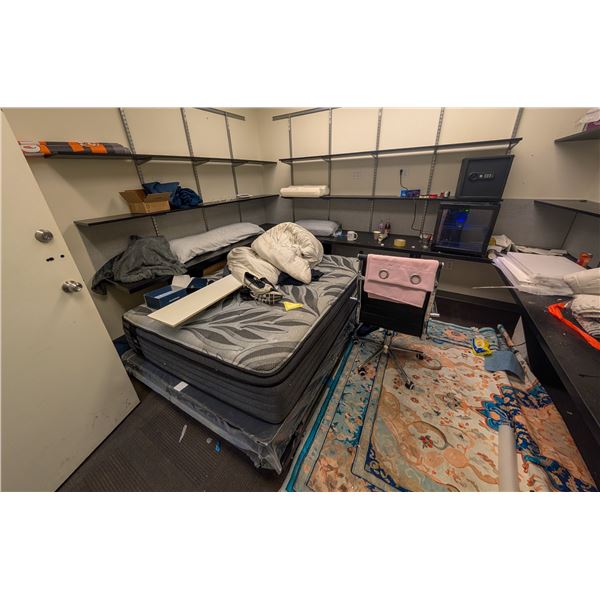 CONTENTS OF MAKESHIFT BEDROOM  INCL: MINI FRIDGE,