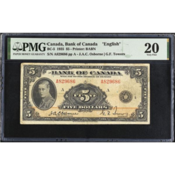 Canada. Bank of Canada, 1935, "English Text" Issued Banknote.