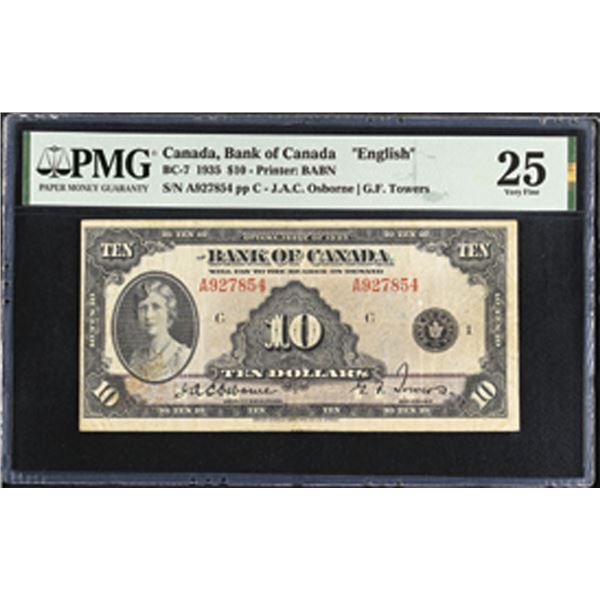 Canada. Bank of Canada, 1935, "English Text" Issued Banknote.
