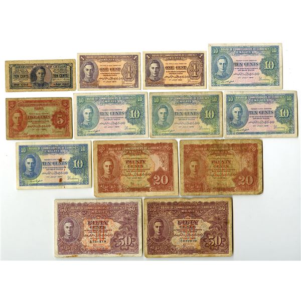 Ceylon & Malaya. Former British Empire Territories, 1941 to 1943, Issued Banknote Assortment.