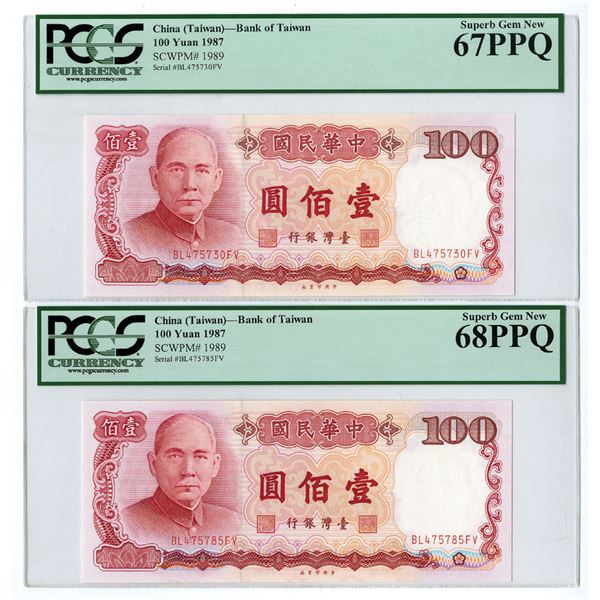 China-Taiwan. Bank of Taiwan, 1987, Pair of Issued Banknotes.