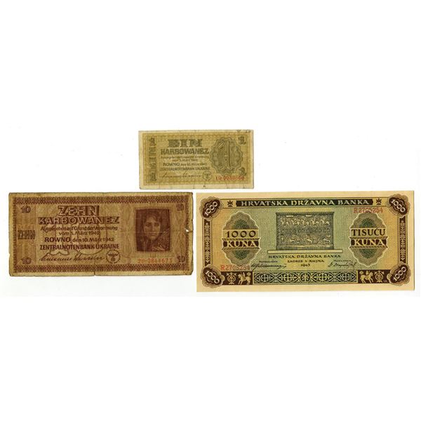 Croatian State Bank and Ukrainian Central Bank, 1942 to 1943, Issued Banknote Trio.