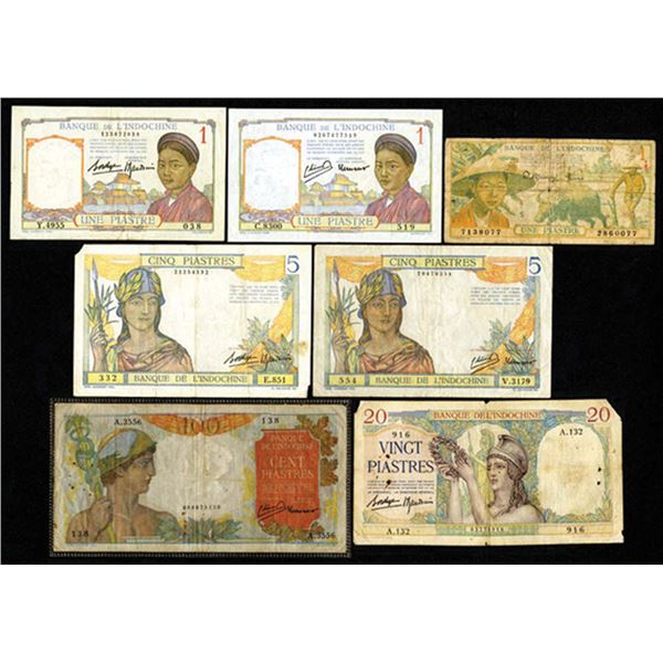 French Indo-China. Banque de L'Indochine, 1932 to 1949, Issued Banknote Assortment.