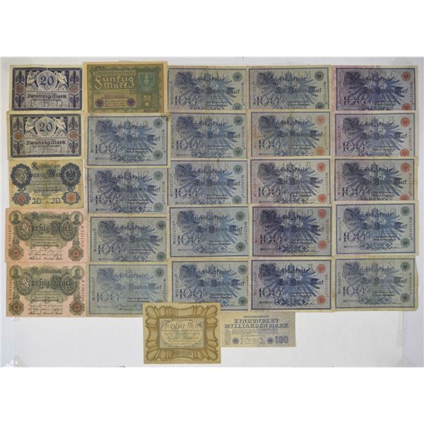Germany. Reichsbanknote, 1908 to 1919, Issued Banknote Assortment