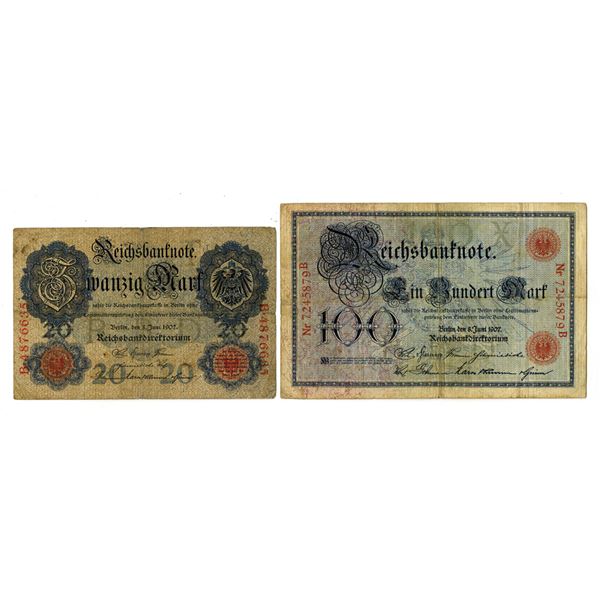 Germany. Reichsbanknote, Imperial Bank Note, 1907 Issue Banknote Pair.