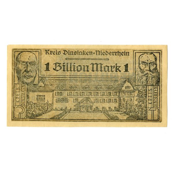 Germany – Dinslaken-Niederrhein District, 1 Billion Mark Hyperinflation Note, 1923
