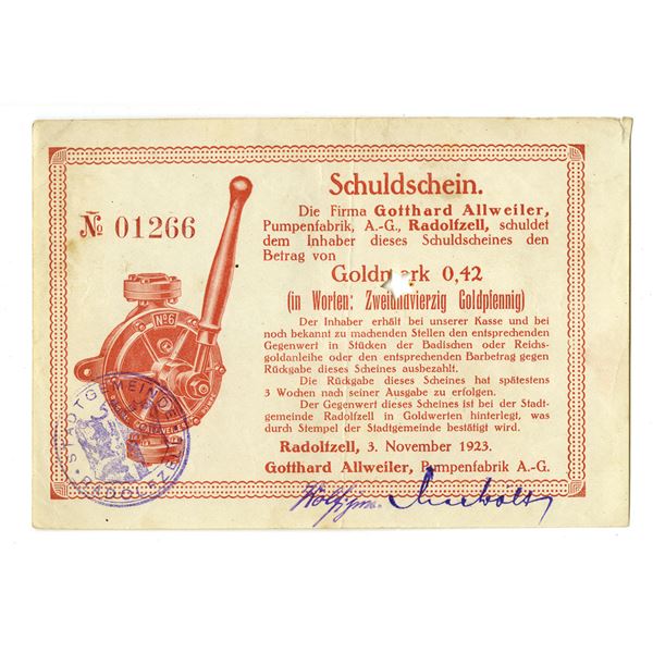 Germany – Radolfzell Pump Factory Goldmark Scrip, 1923, Gotthard Allweiler Pumpenfabrik A.-
