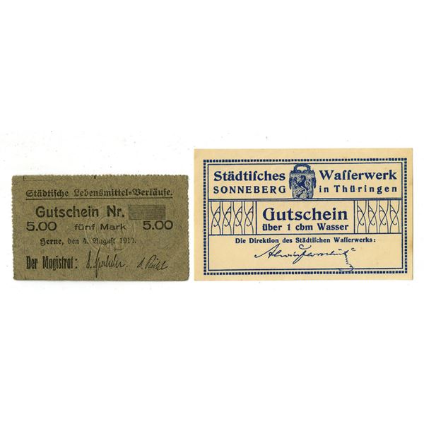 Germany – Sonneberg & Herne Municipal Vouchers, 1917–1920s, Water & Food Service N