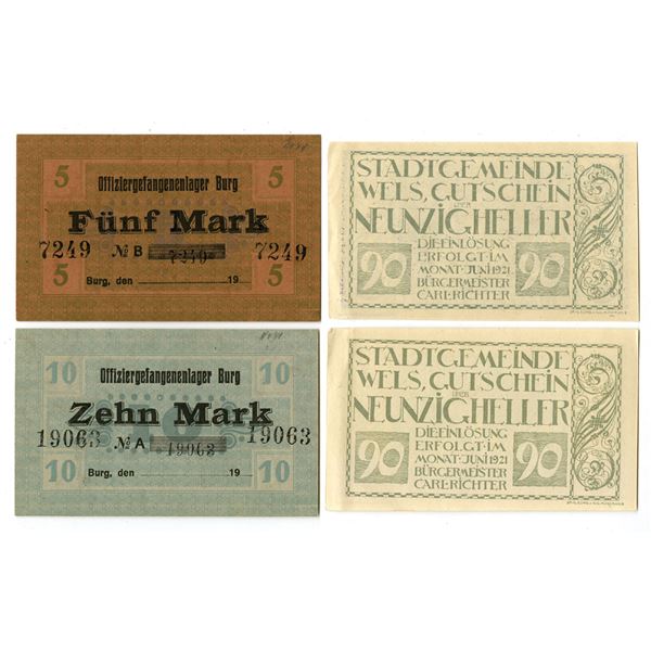 Officer POW Camp in Burg & Town of Wels (Austria). ca. 1918-1921. Lot of 4 Issued Notes.