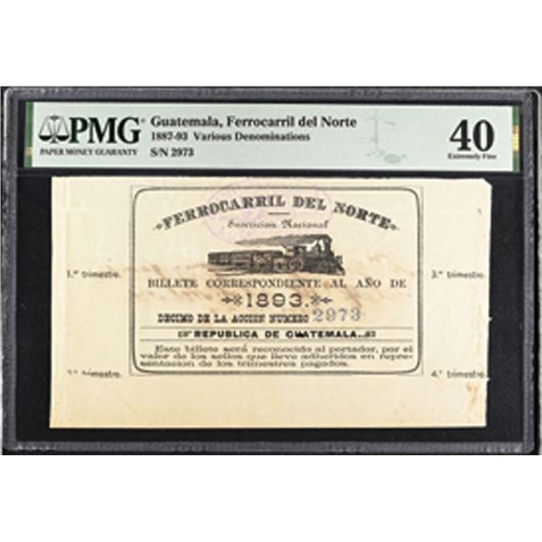 Guatemala. Ferrocarril del Norte - Billete Correspondiente, (Northern Railway), 1887-93, 1 Issue Tic