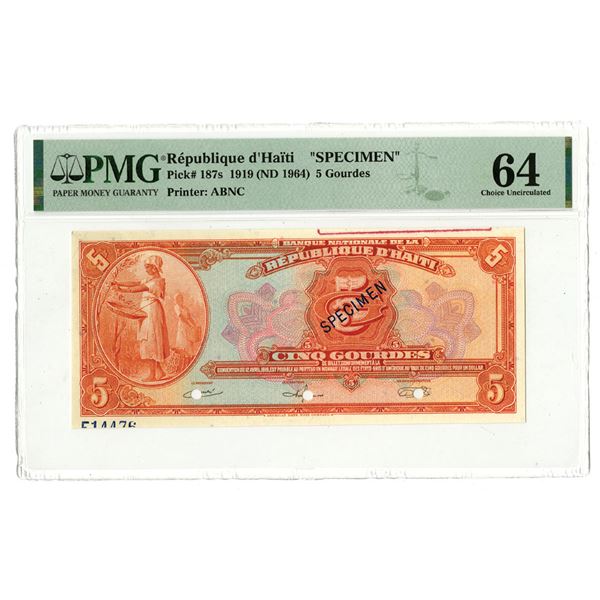 Haiti. Banque Nationale de la Republique d'Haiti, 1919 (ND 1964), Specimen Banknote.