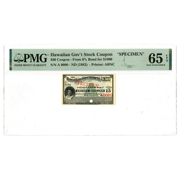 HI. Hawaiian Government Stock Coupon from a 6%n $1000 Bond, ND (1882), Specimen Stock Coupon.