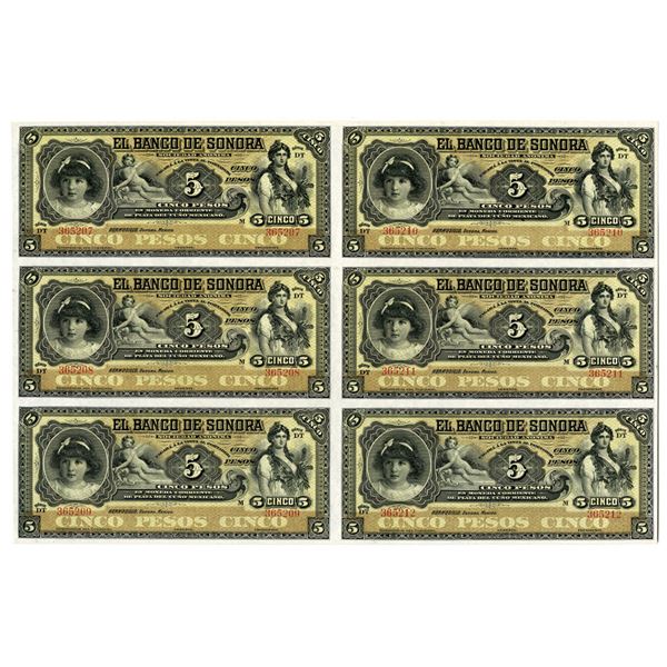 Mexico. Banco de Sonora, ND (1897-1911), Uncut Sheet of 6 Remainder Banknotes.
