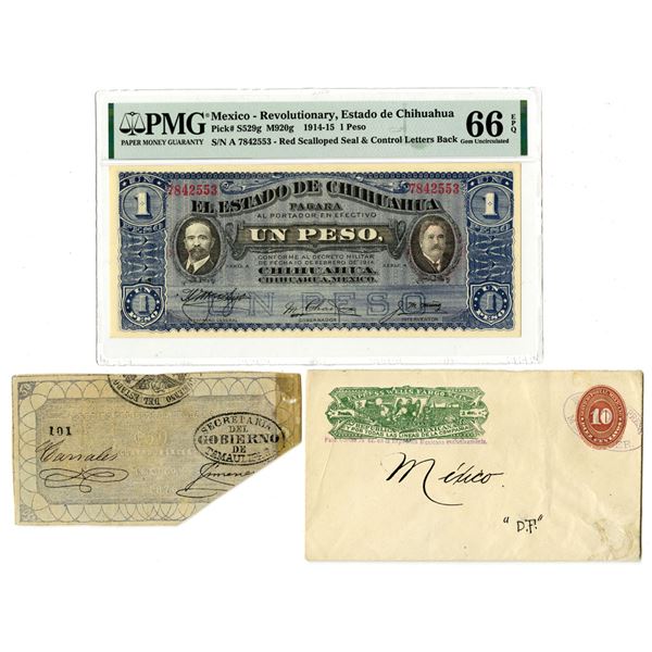 Mexico. El Estado De Chihuahua, 1914 "Top Pop" Issued Banknote, & 1876, Credito del Estado de Tamaul