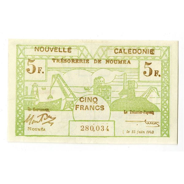 New Caledonia. Tresorerie de Noumea, 1943, Issued Banknote.