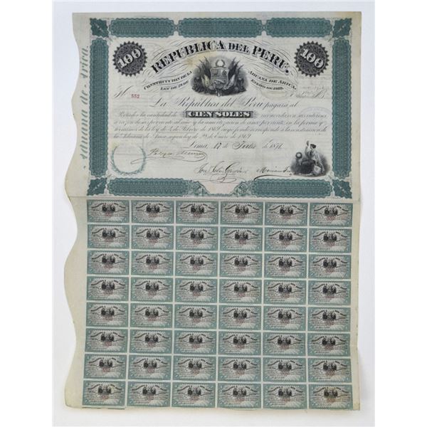 Peru. Republica Del Peru 1871 100 Soles I/U Coupon Bond by National Bank Note Company.