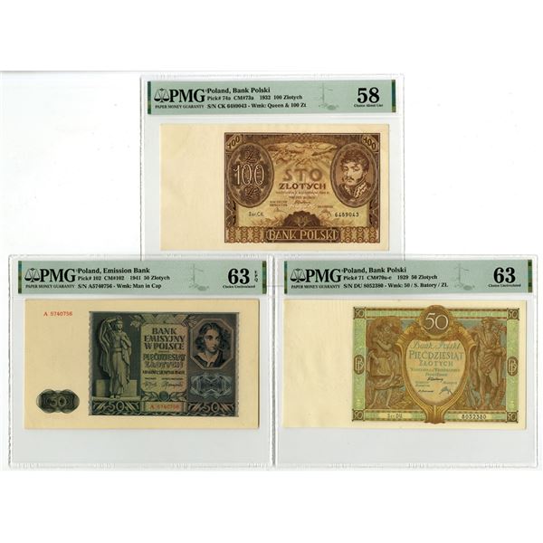 Poland. Bank Polski and Emission Bank, 1929 to 1941, Issued Banknote Trio.