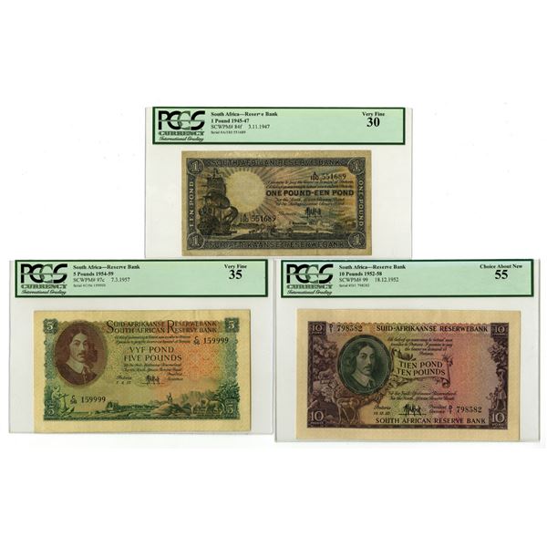 South Africa. South African Reserve Bank, 1947 to 1957, Issued Banknote Trio.