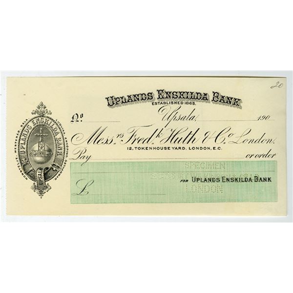 Sweden. Uplands Enskilda Bank, ND (1900s), Specimen Check.