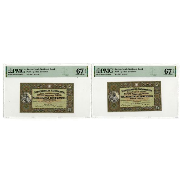 Switzerland. Swiss National Bank, 1952, High Grade Sequential Issued Banknote Pair.