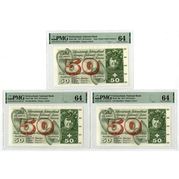 Switzerland, Banque Nationale Suisse, 1971, Sequential Issued Banknote Trio.