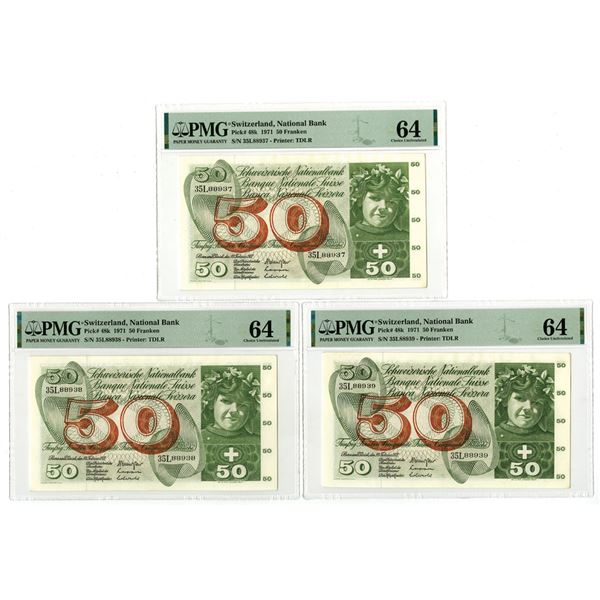Switzerland, Banque Nationale Suisse, 1971, Sequential Issued Banknote Trio.