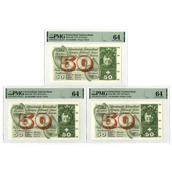 Switzerland, Banque Nationale Suisse, 1971, Sequential Issued Banknote Trio.